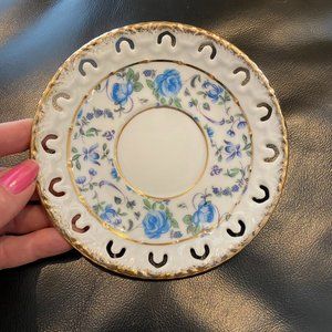 Vintage Columbia Ceramics Saucer Blue Roses Gold Trim Edging Cut Outs